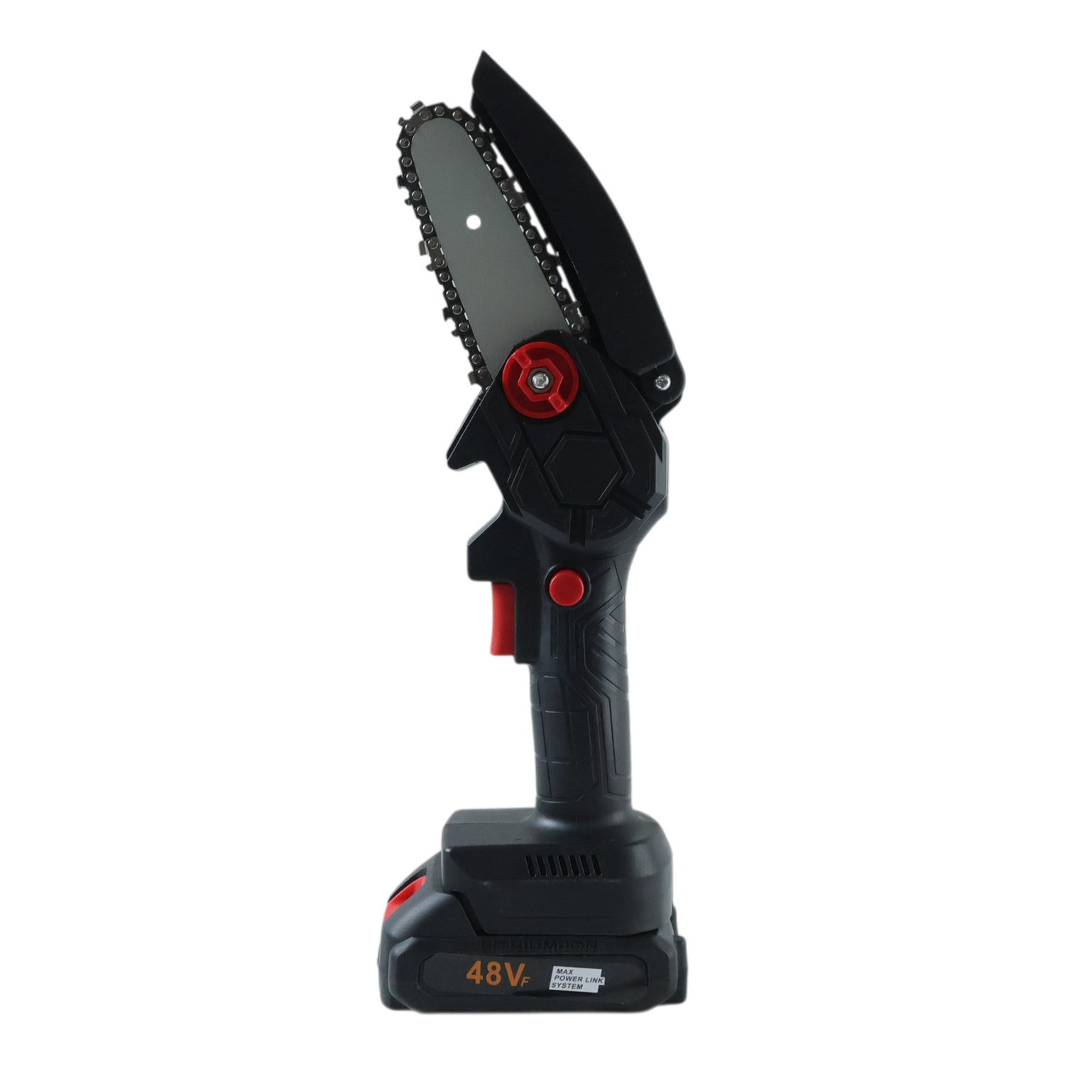 Wukusy mini electric cordless chainsaw with 24 cm blade, 48V battery, compact design for pruning and cutting tasks.