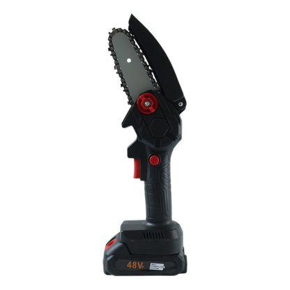 Wukusy mini electric cordless chainsaw with 24 cm blade, 48V battery, compact design for pruning and cutting tasks.
