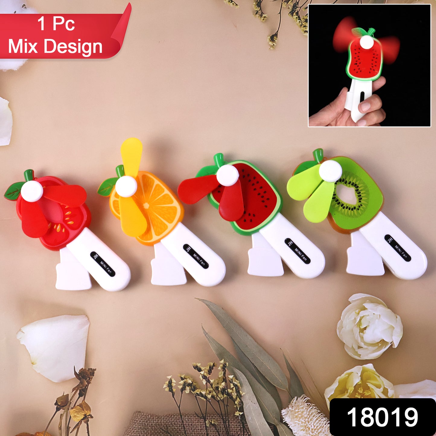 Mini hand pressure fruit-shaped fan for kids by Wukusy, colorful design, small portable fan with fun fruit motif, perfect for children.
