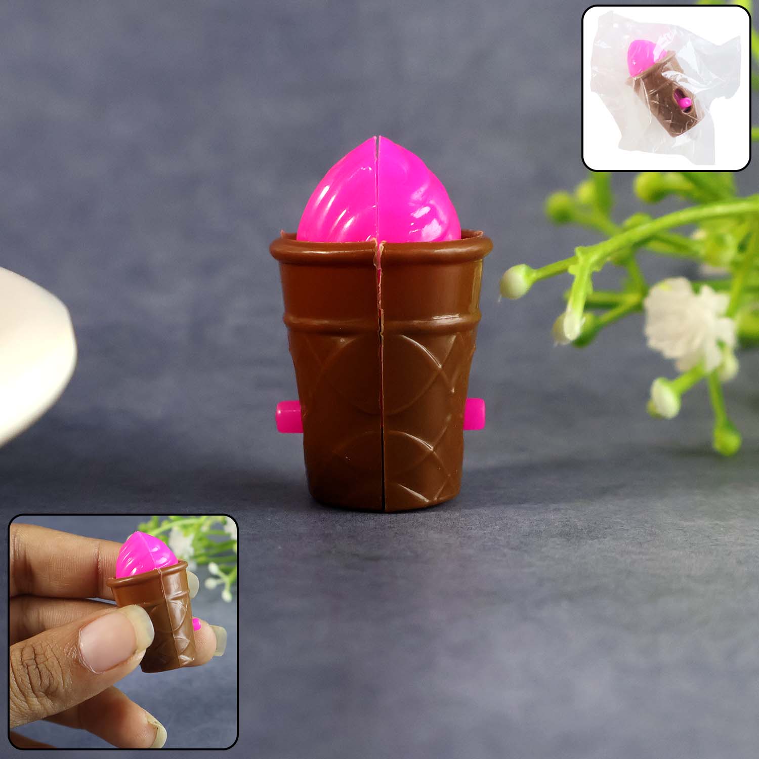 Wukusy mini ice cream cone toy with realistic waffle cone and colorful ice cream scoop for children’s play.