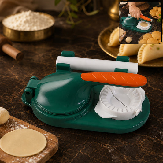 Wukusy mini Puri press dumpling machine for Gujiya and momos, showing the dough pressing tool in a close-up view
