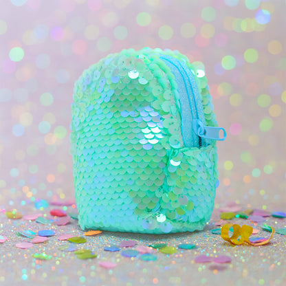 Mini sequin zipper pouch by Wukusy, showing shiny sequins and a secure zipper closure, perfect for small accessories or coins.