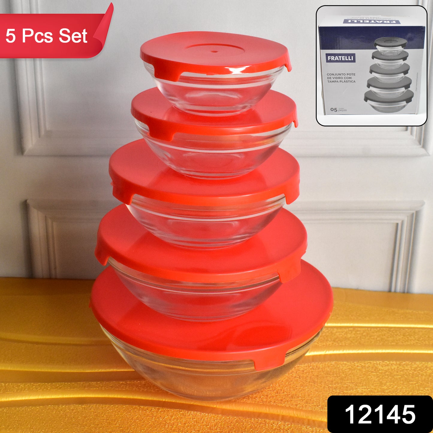 Set of five Wukusy modern glass mixing and storage bowls with red lids, clear glass bowls for kitchen organization and prep.