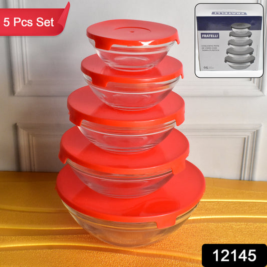 Set of five Wukusy modern glass mixing and storage bowls with red lids, clear glass bowls for kitchen organization and prep.