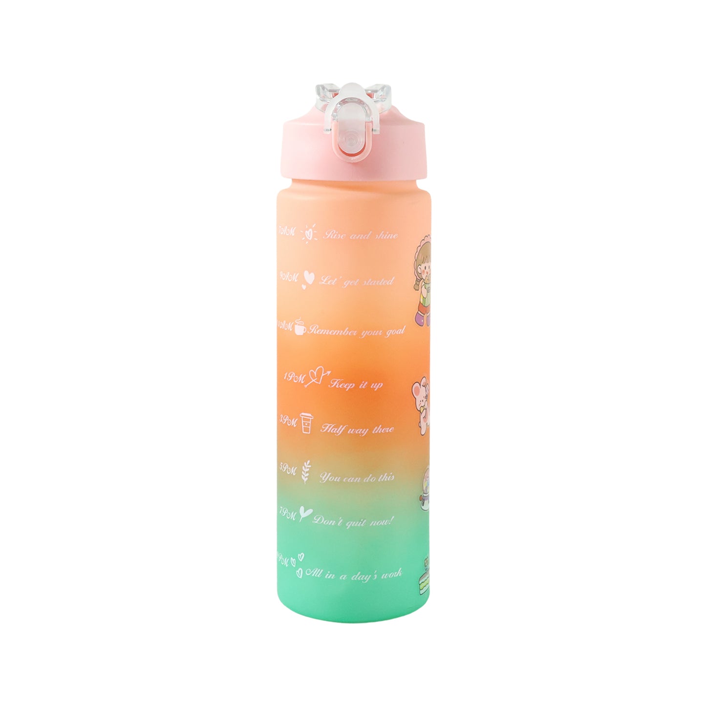 Wukusy motivational gradient water bottle, 900 ml, with colorful design and secure lid, ideal for staying hydrated on the go.