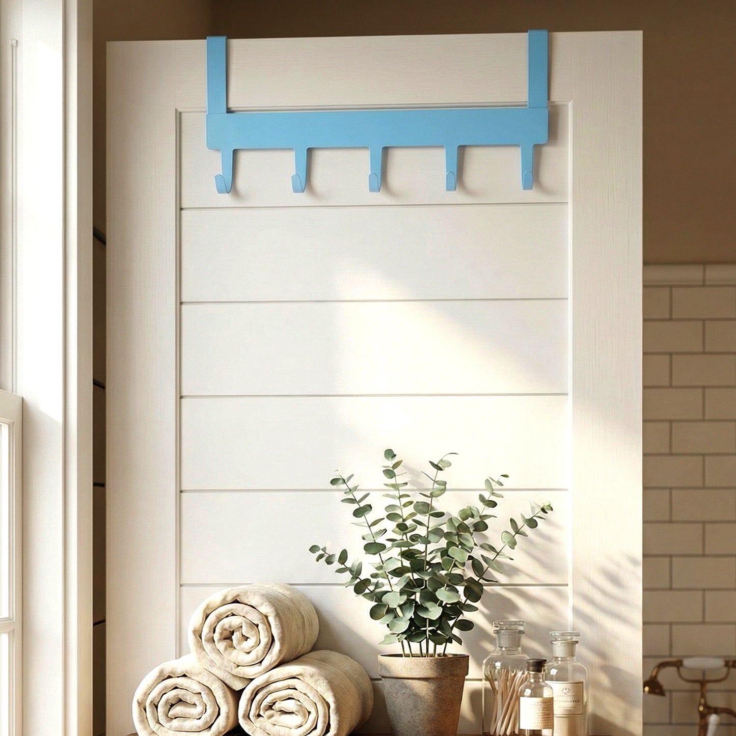 Wukusy Multi Metal 5 Hook Hanging Rack with sturdy hooks for organizing entryways or closets, shown in a modern home setting.