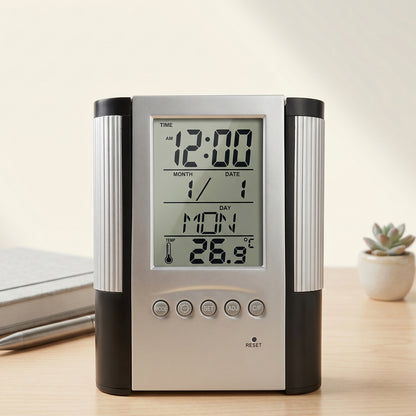 Wukusy multifunction digital calendar desk clock with pen holder on a desk surface.