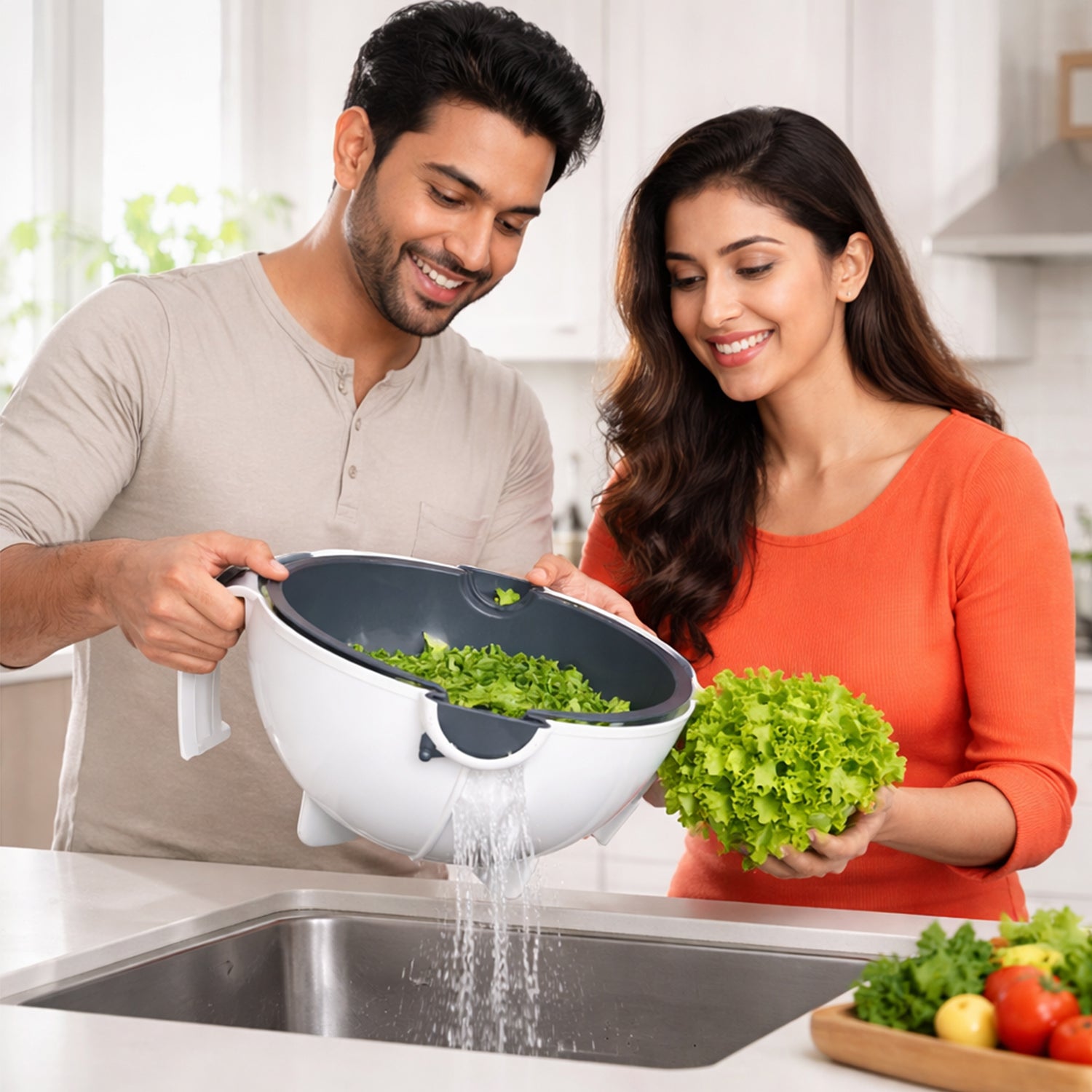 Wukusy 2-in-1 vegetable washing bowl with strainer, plastic kitchen bowl for cleaning and rinsing vegetables.
