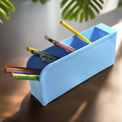 Wukusy four-compartment pen holder for office desktop organization, featuring multiple sections for pens, pencils, and small supplies.