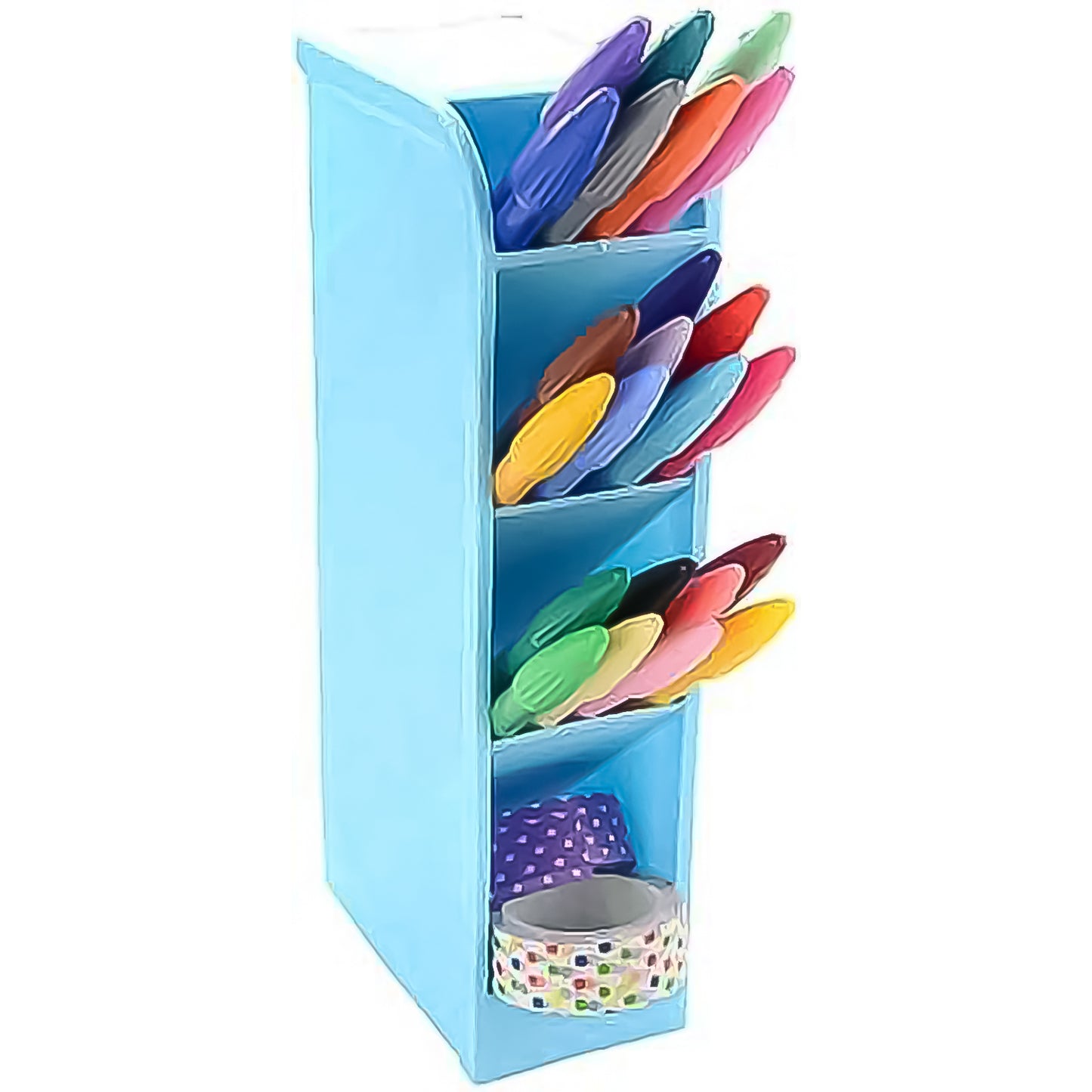 Wukusy 4-compartment pen holder for office desktop, featuring organized sections for pens, pencils, and small office supplies