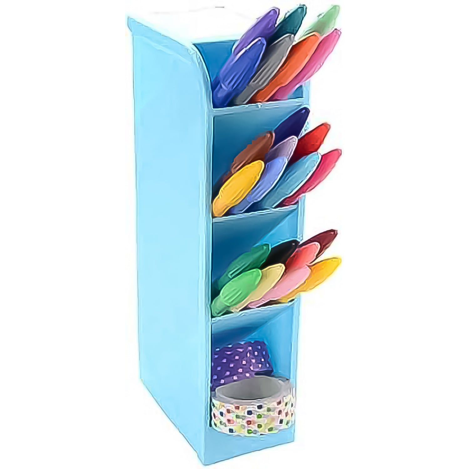 Wukusy 4-compartment pen holder for office desktop, featuring organized sections for pens, pencils, and small office supplies