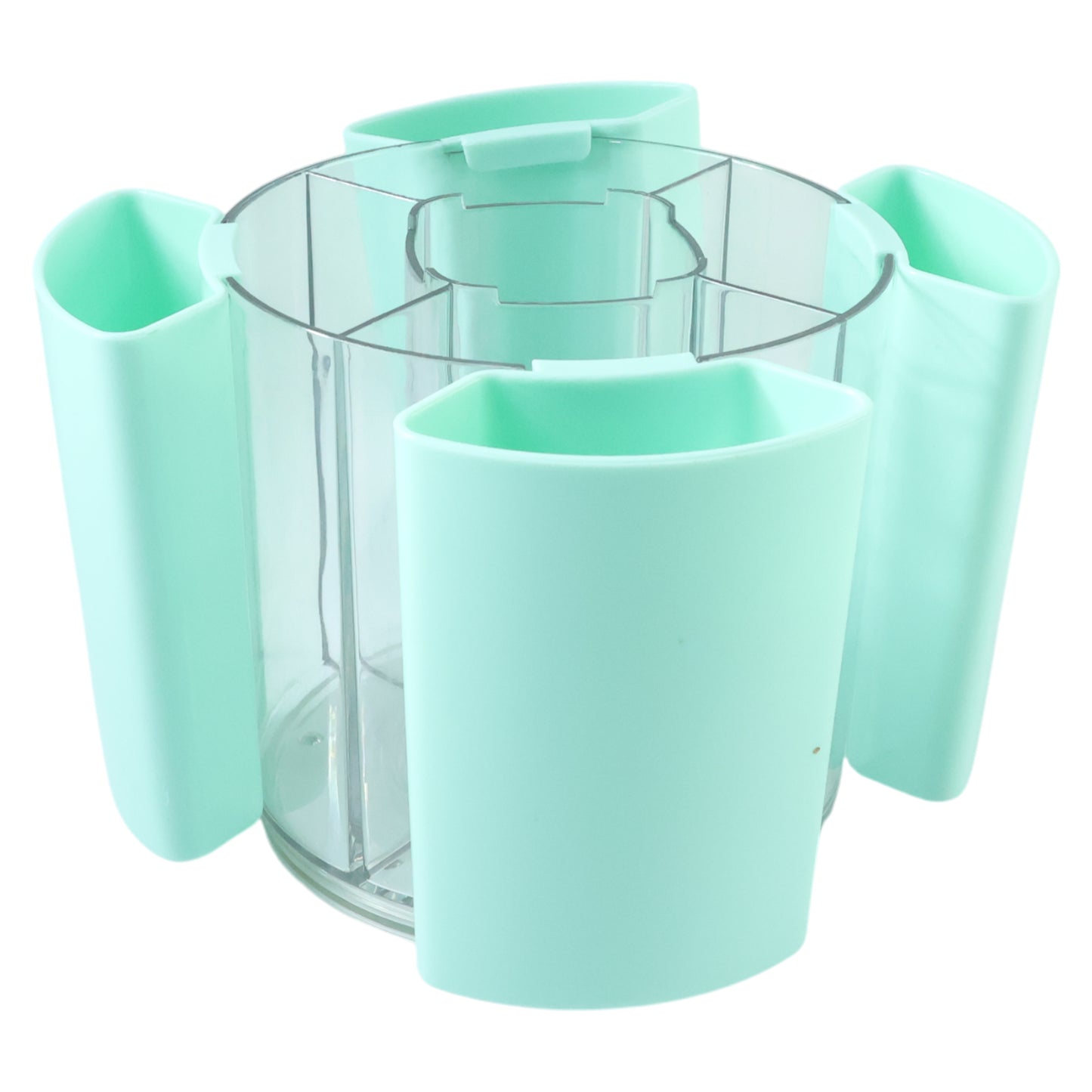 Wukusy 5-compartment rotating pen holder with space for pens, pencils, and office supplies on a desk.