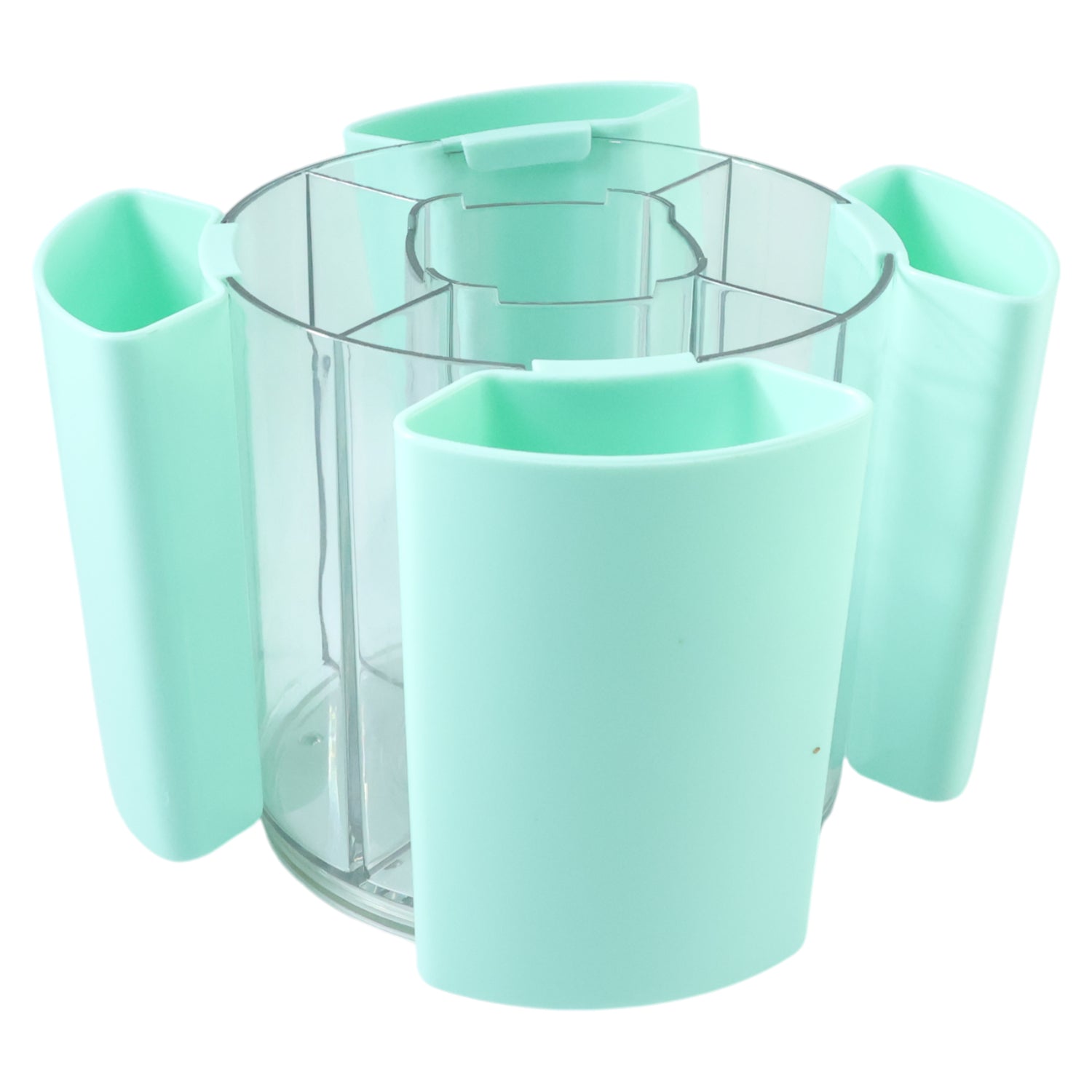 Wukusy 5-compartment rotating pen holder with space for pens, pencils, and office supplies on a desk.