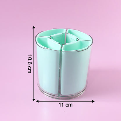 Wukusy 5-compartment rotating pen holder with space for pens, pencils, and office supplies on a desk.