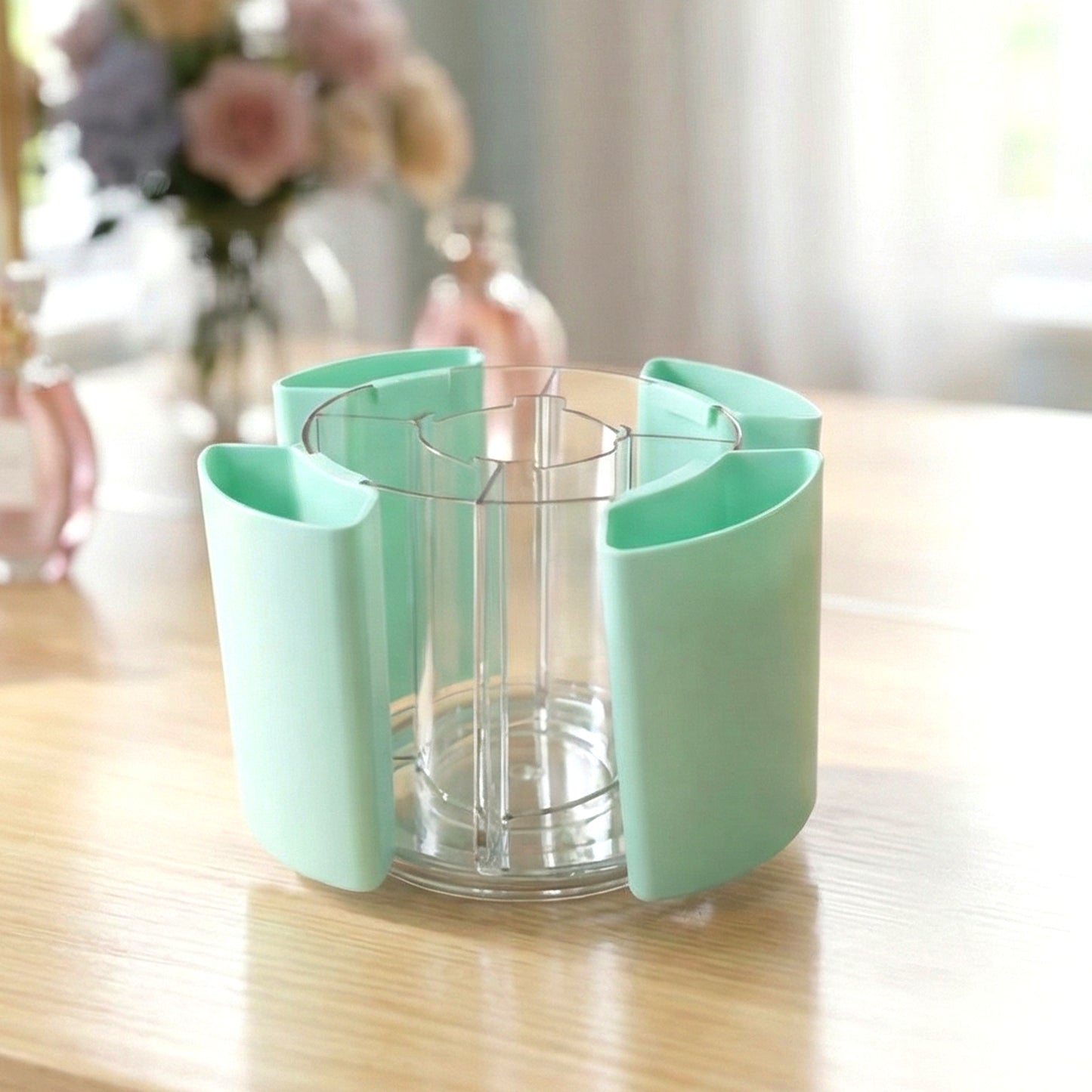 Wukusy multipurpose 5-compartment rotating pen holder with space for pens, pencils, and office supplies.