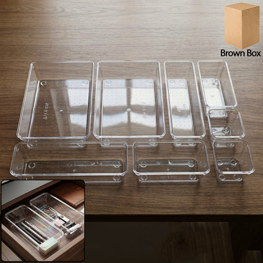 Wukusy 8-in-1 multipurpose drawer organizer set with multiple compartments for kitchen, office, or bathroom storage.