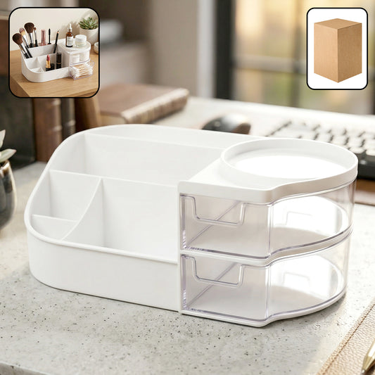 White Wukusy multipurpose cosmetic makeup organizer storage box with multiple compartments for beauty tools and accessories.