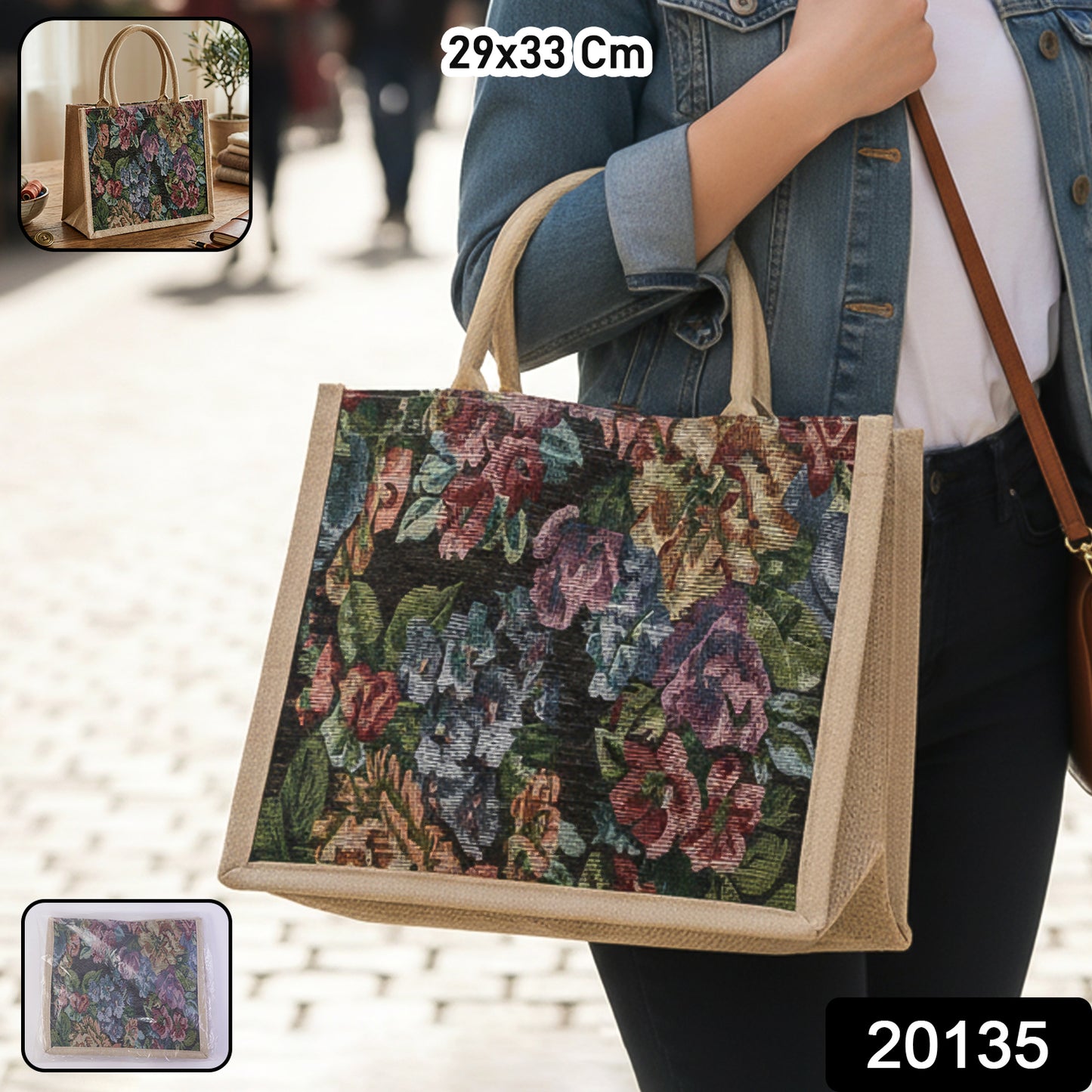Wukusy floral print carry hand bag with handles, 29x33 cm, versatile and stylish for daily use.