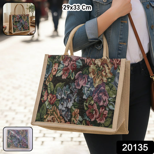 Wukusy floral print carry hand bag with handles, 29x33 cm, versatile and stylish for daily use.