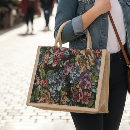 Wukusy floral print carry hand bag with handles, measuring 29x33 cm, suitable for multipurpose use, vibrant floral design.