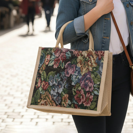 Wukusy floral print carry hand bag with handles, measuring 29x33 cm, suitable for multipurpose use, vibrant floral design.