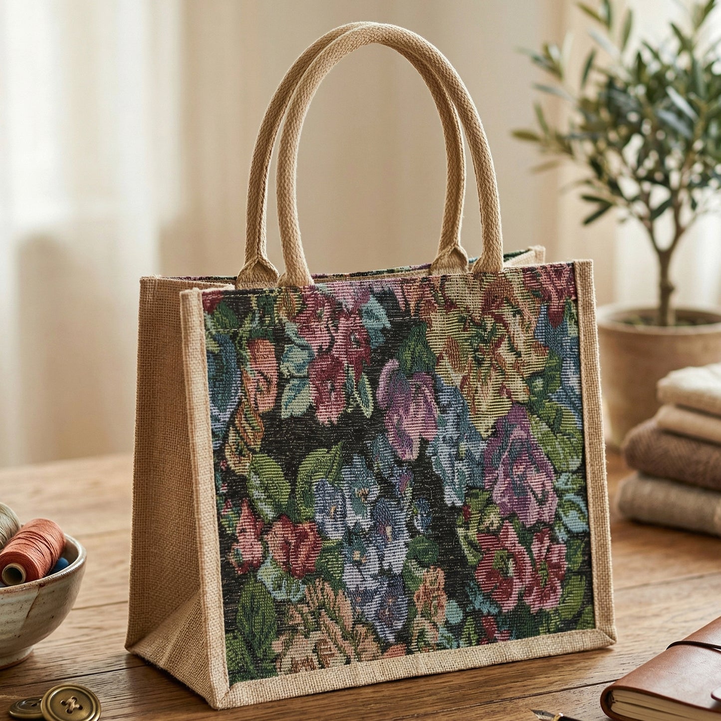 Wukusy floral print carry hand bag with handles, measuring 29x33 cm, designed for versatile use and stylish carrying.