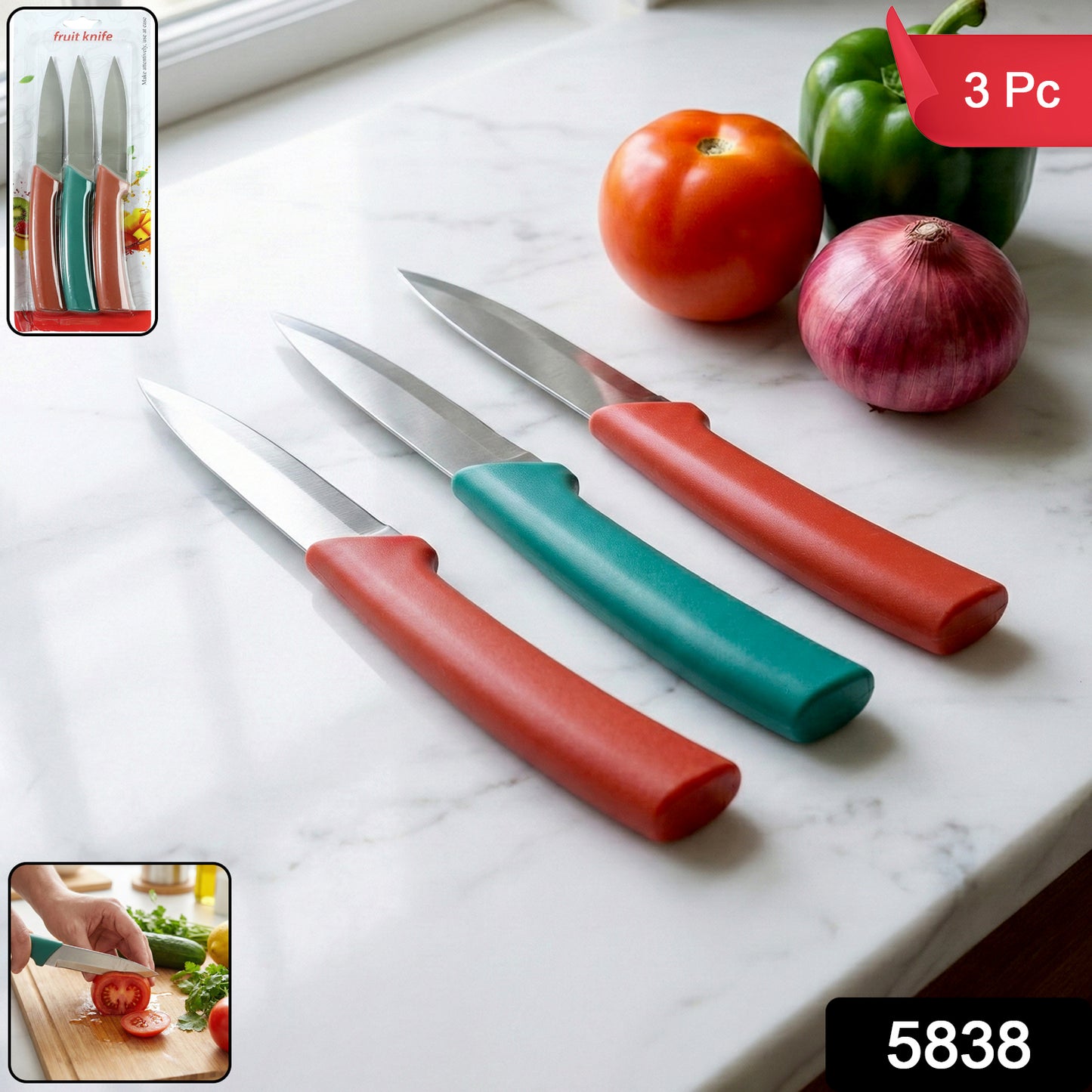 Wukusy multipurpose kitchen fruit and vegetable cutting knife set with three stainless steel knives on a wooden surface.