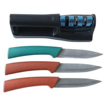 Wukusy multipurpose kitchen knife set with three knives and a sharpener, displayed on a wooden cutting board.