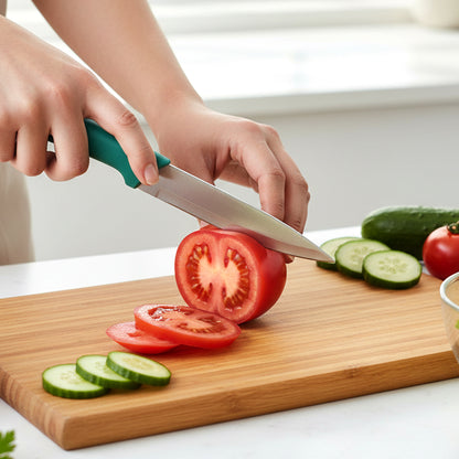 Wukusy multipurpose kitchen knife set with three knives and a sharpener, featuring stainless steel blades and ergonomic handles.