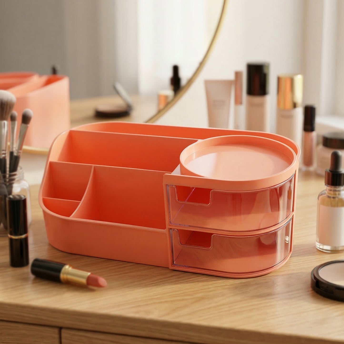 Wukusy multipurpose makeup organizer storage box with compartments for cosmetics and brushes, ideal for countertop organization