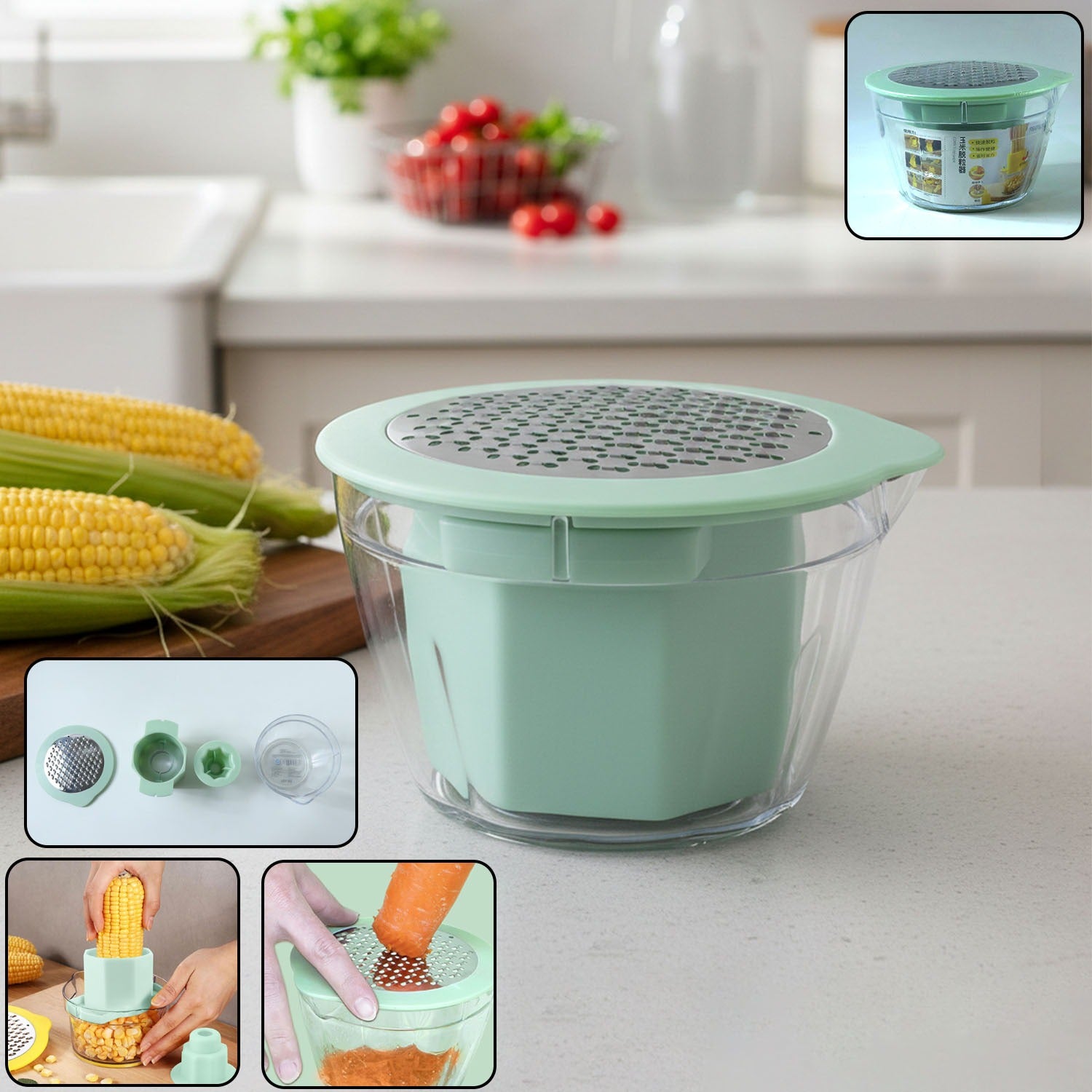 Wukusy multipurpose manual vegetable grater and corn kernel stripper with stainless steel blades for versatile food prep.