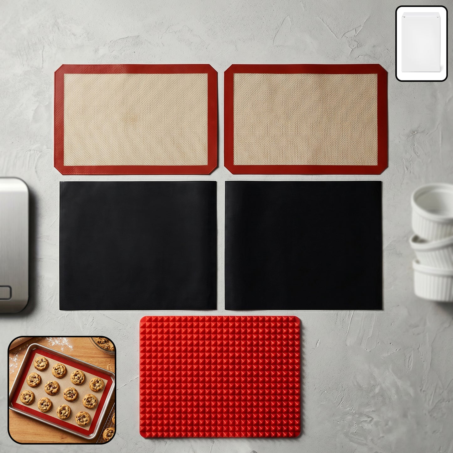 Wukusy 5-piece non-stick silicone baking mat set for versatile baking and cooking, shown laid out on a countertop.