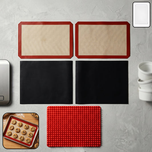 Wukusy 5-piece non-stick silicone baking mat set for versatile baking and cooking, shown laid out on a countertop.
