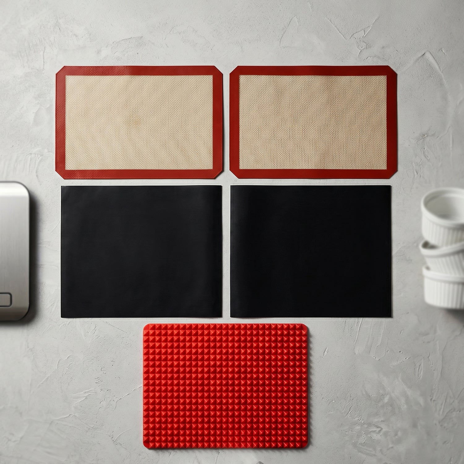 Wukusy 5-piece non-stick silicone baking mat set for versatile baking, cooking, and food prep on a flat surface.