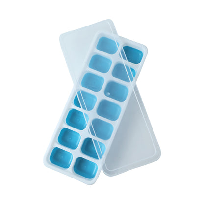 Blue Wukusy plastic ice cube tray with lid, 14-grid multipurpose design for freezing ice cubes and small food items.