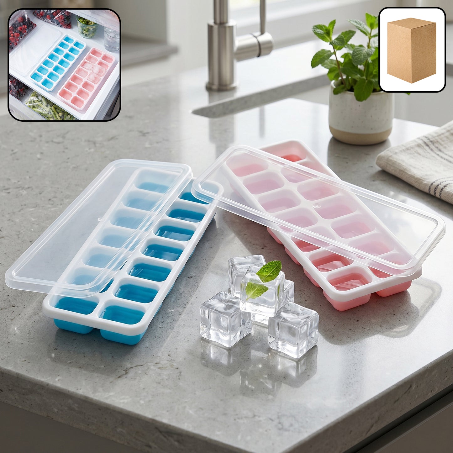 Wukusy multipurpose plastic ice cube tray with lid, pack of 2, 14-grid design for making ice cubes and frozen treats.