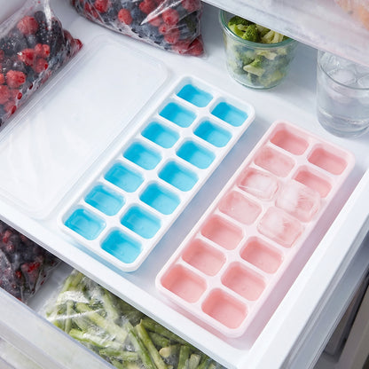 Wukusy multipurpose plastic ice cube tray with lid, pack of 2, 14-grid ice cube trays for freezing ice or other foods