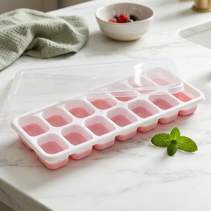 Wukusy multipurpose plastic ice cube tray with lid, pack of 2, 14-grid per tray, for ice, storage, and freezing.