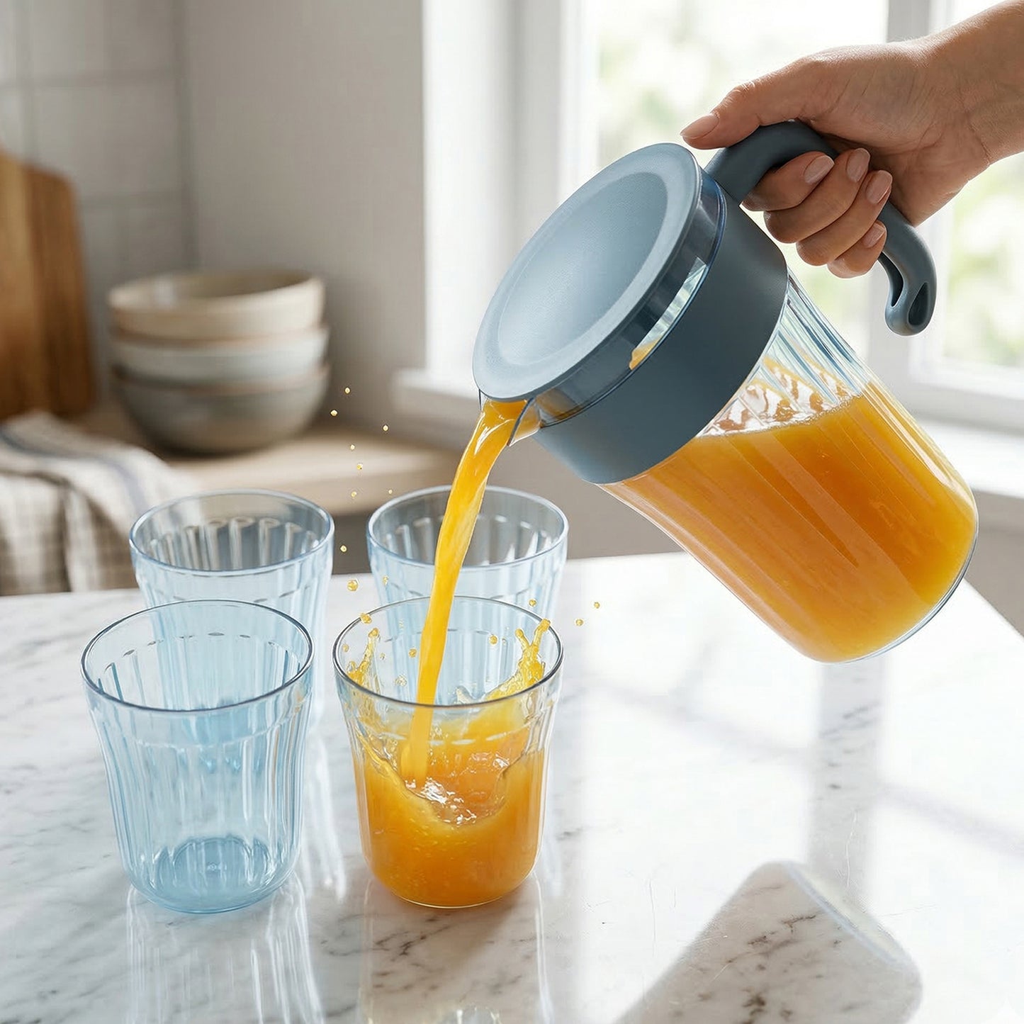 Wukusy multipurpose plastic water and juice serving jug with four matching drinking glasses set on a table.