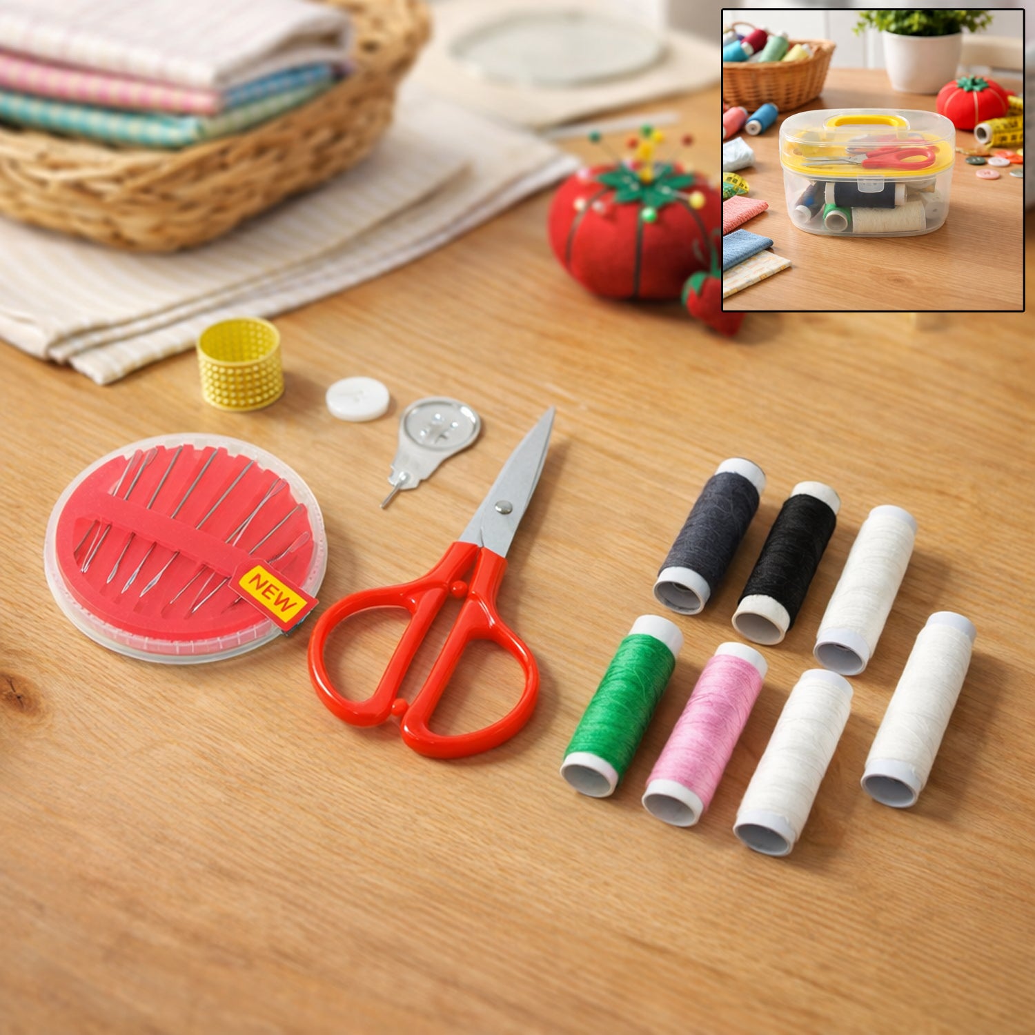 Wukusy multipurpose sewing kit set with needles, threads, scissors, and accessories for various sewing projects.