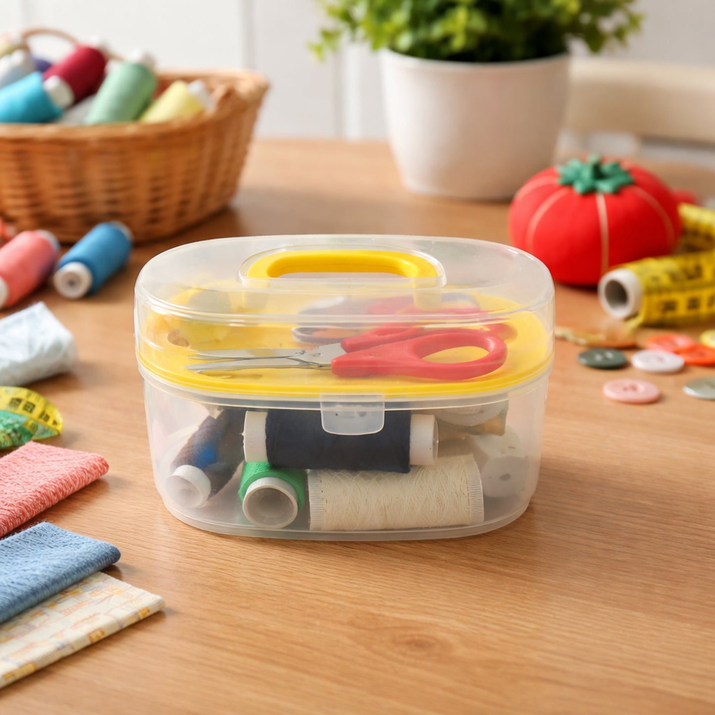 Wukusy multipurpose sewing kit set with colorful threads, needles, scissors, and sewing accessories on a white background.