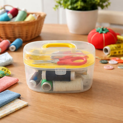 Wukusy multipurpose sewing kit set with colorful threads, needles, scissors, and sewing accessories on a white background.