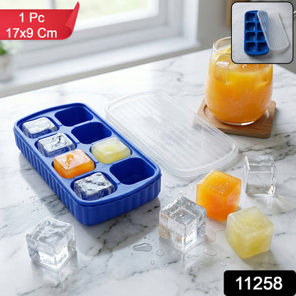 Wukusy multipurpose square ice cube tray with lid, 8-grid, 17x9 cm, for freezing ice cubes and other small items.