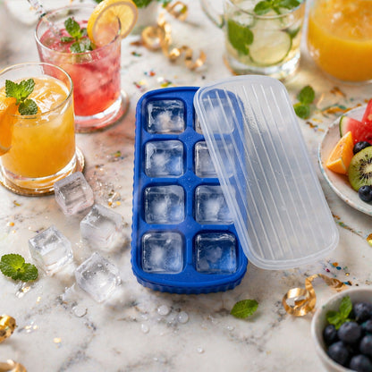 Wukusy multipurpose square ice cube tray with lid, 8-grid, 17x9 cm, used for freezing ice cubes and storing small items.