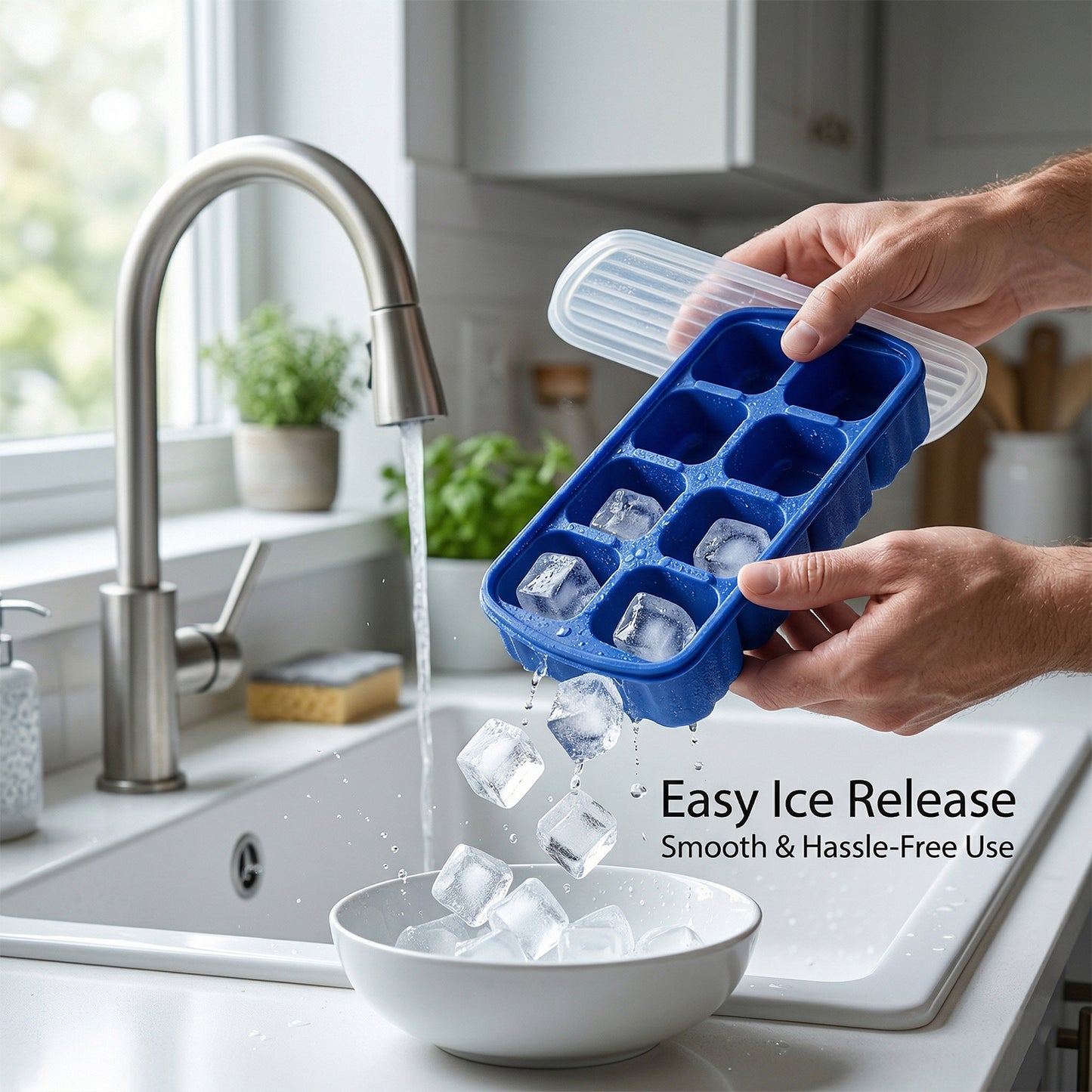 Wukusy multipurpose square ice cube tray with lid, 17x9 cm, 8-grid silicone tray for freezing ice cubes or other foods.