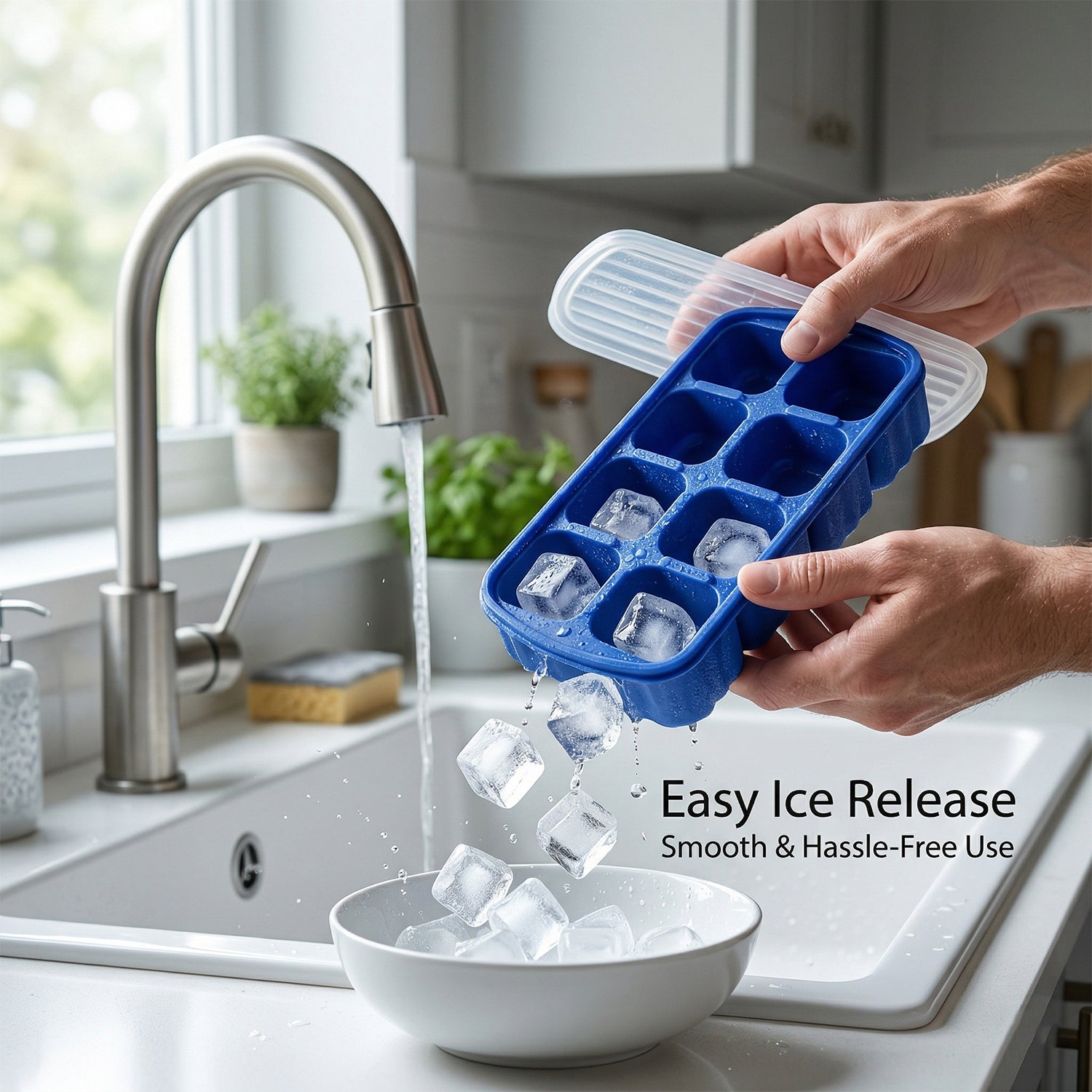 Wukusy multipurpose square ice cube tray with lid, 17x9 cm, 8-grid silicone tray for freezing ice cubes or other foods.