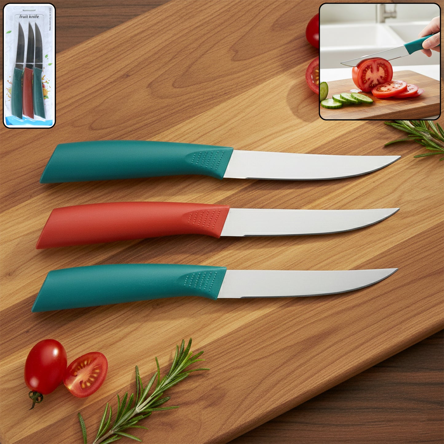 Wukusy multipurpose stainless steel fruit knife set of 3 with ergonomic handles, ideal for slicing fruits efficiently.