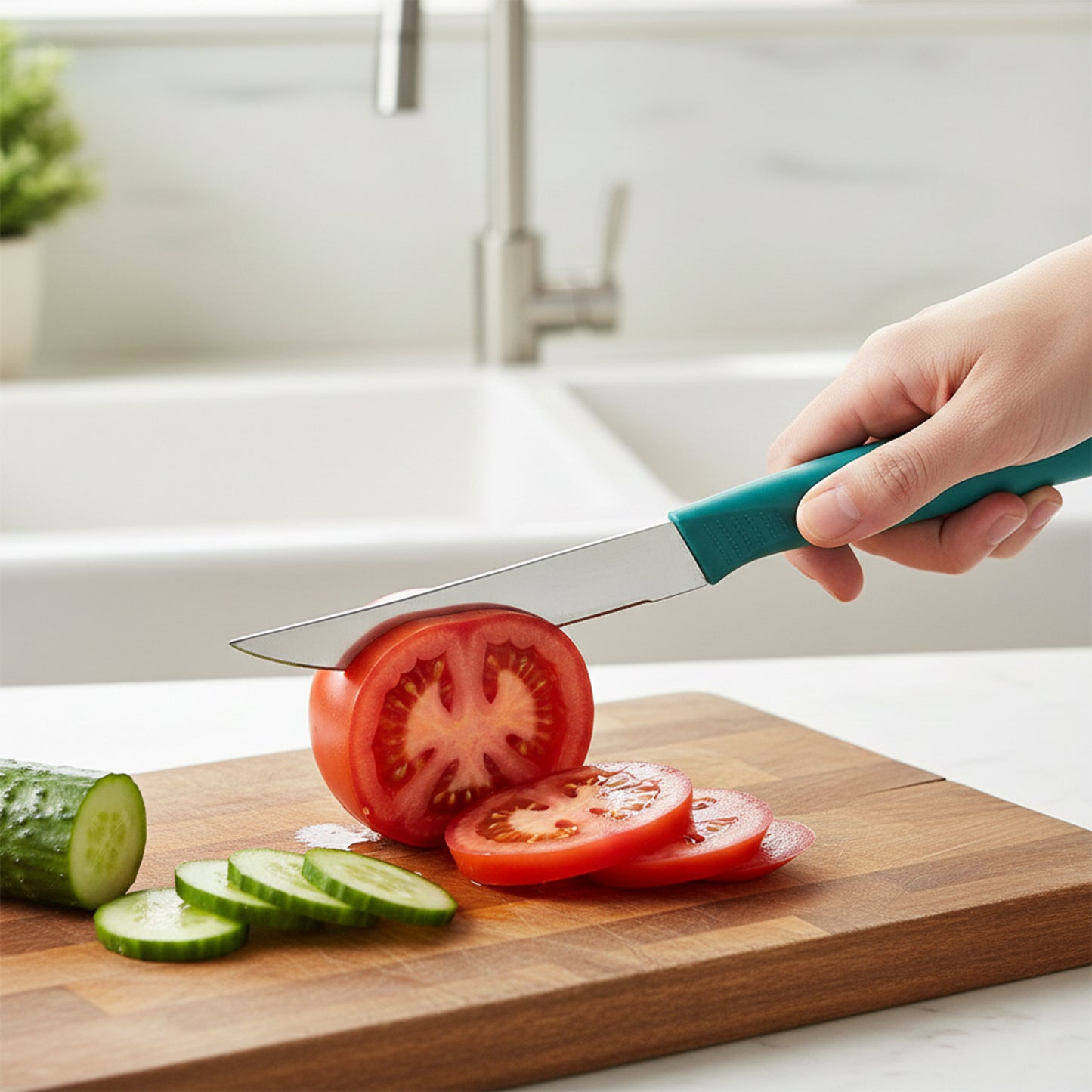 Set of 3 Wukusy stainless steel fruit knives, versatile and sharp for slicing fruits in a sleek, modern design.