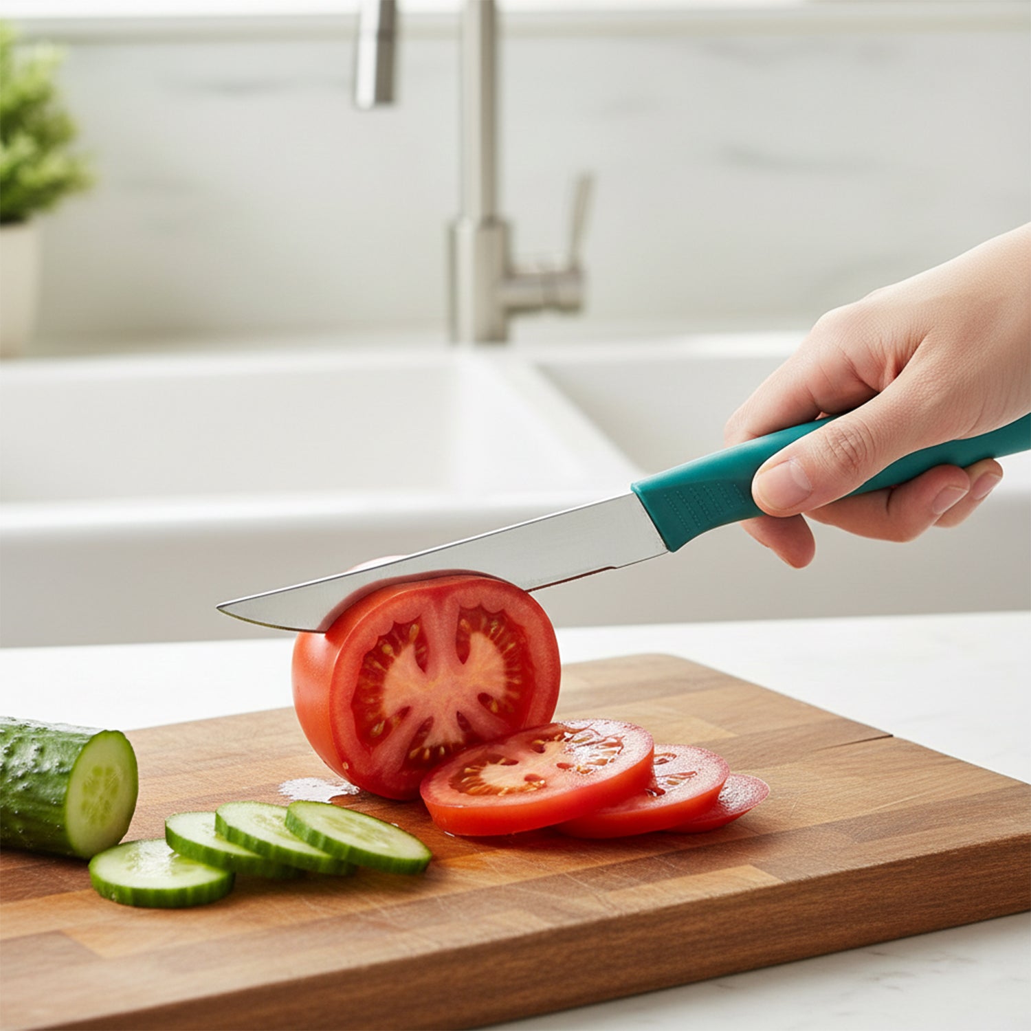 Set of 3 Wukusy stainless steel fruit knives, versatile and sharp for slicing fruits in a sleek, modern design.