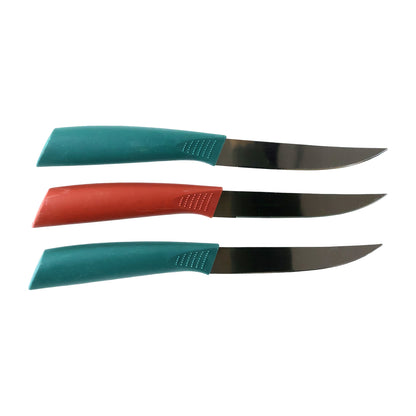 Set of three Wukusy multipurpose stainless steel fruit knives with ergonomic handles for precise cutting and peeling.